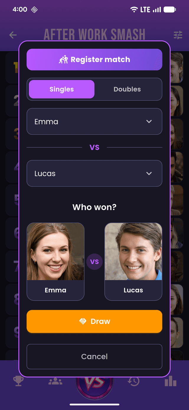 Register a singles or doubles match in two taps