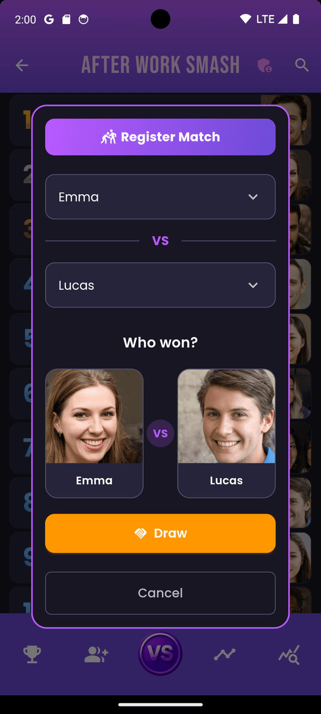 Register a match between two players